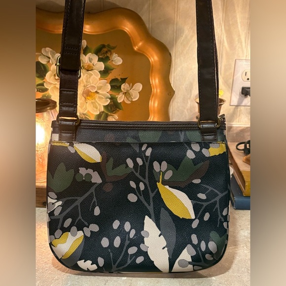 Fossil Leaf print crossbody purse bag canvas with leather trim pockets - Picture 6 of 15